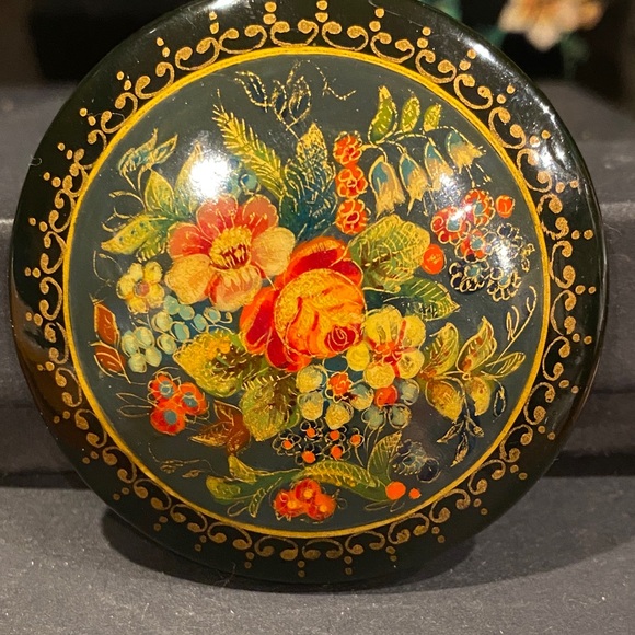 Vintage Jewelry - Russian Hand Painted Signed Floral Brooch with Gold and Orange Accents